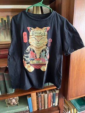 Meowster the Cat- Black Cat Ramen Graphic Tee - Black, Cream, Red, Pink, Blue